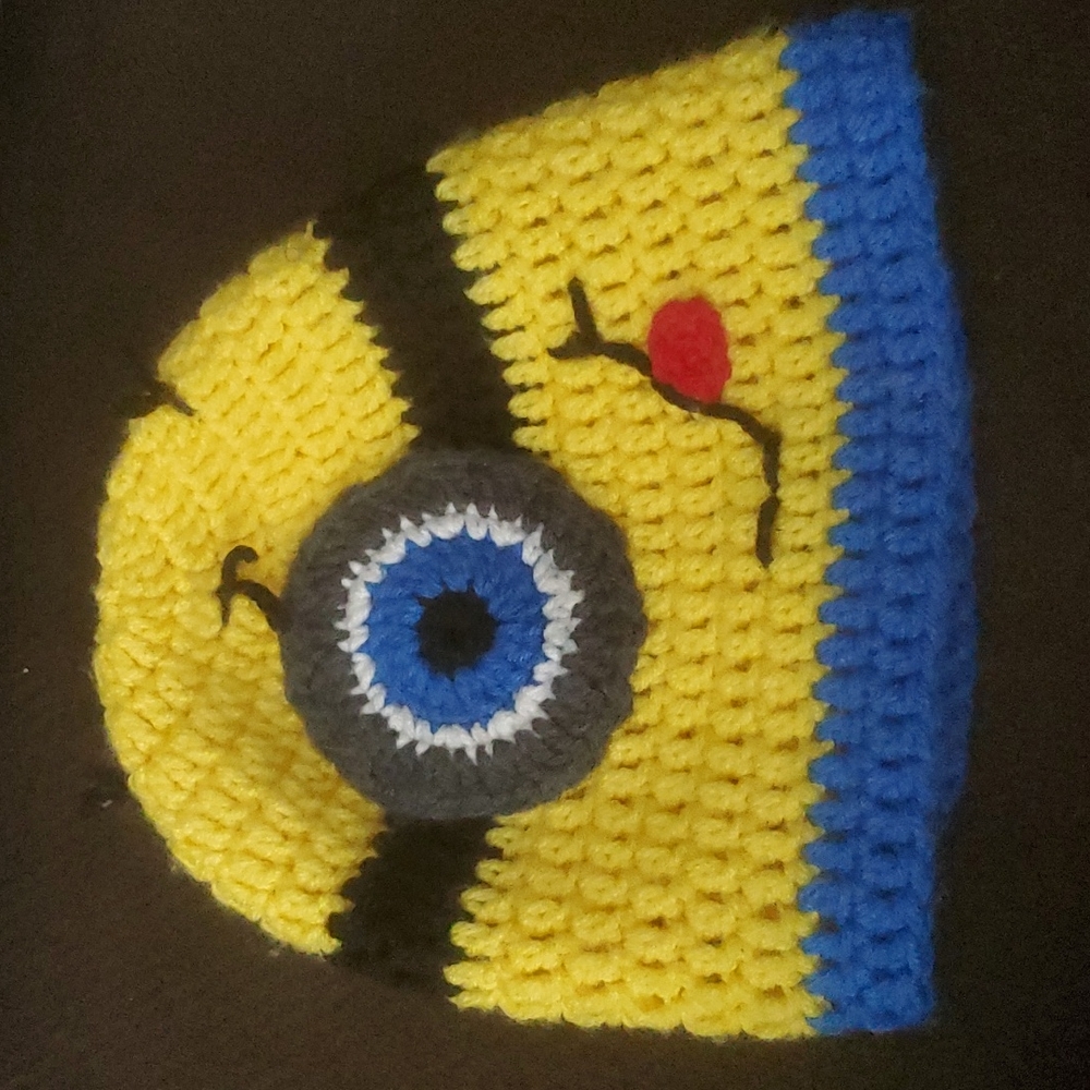 Homemade knitted minions hat